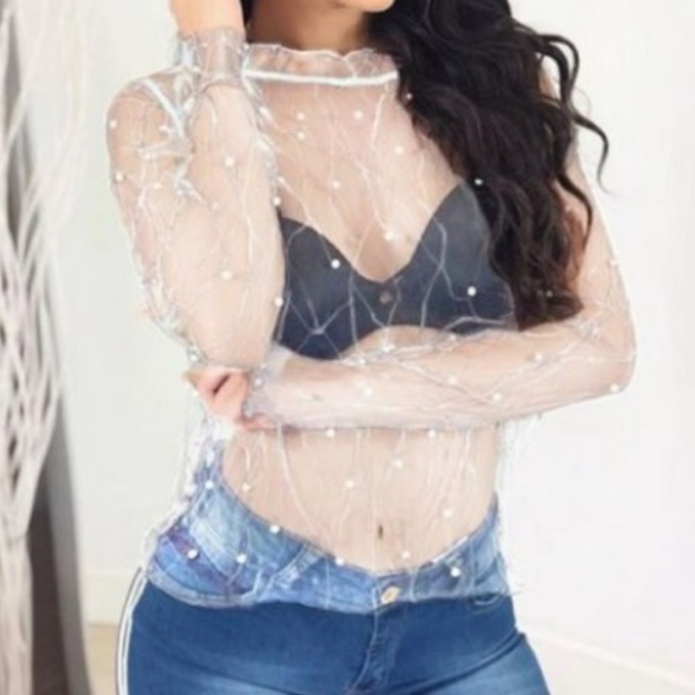SXY Sheer Top W/Pearl Like Beads Decoration Ruffle Trim Sleeves Blouse